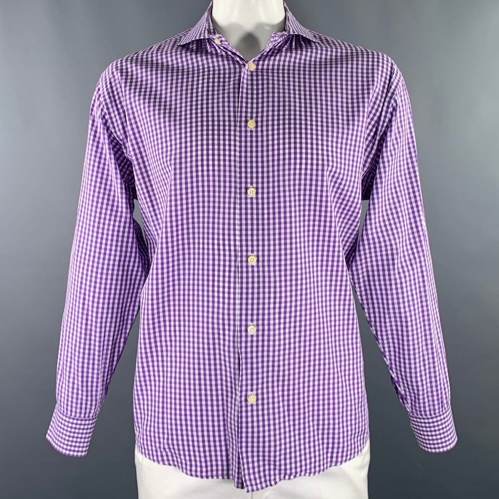 BURMA BIBAS Size XL Purple White Gingham Cotton Spread Collar Long Sleeve Shirt